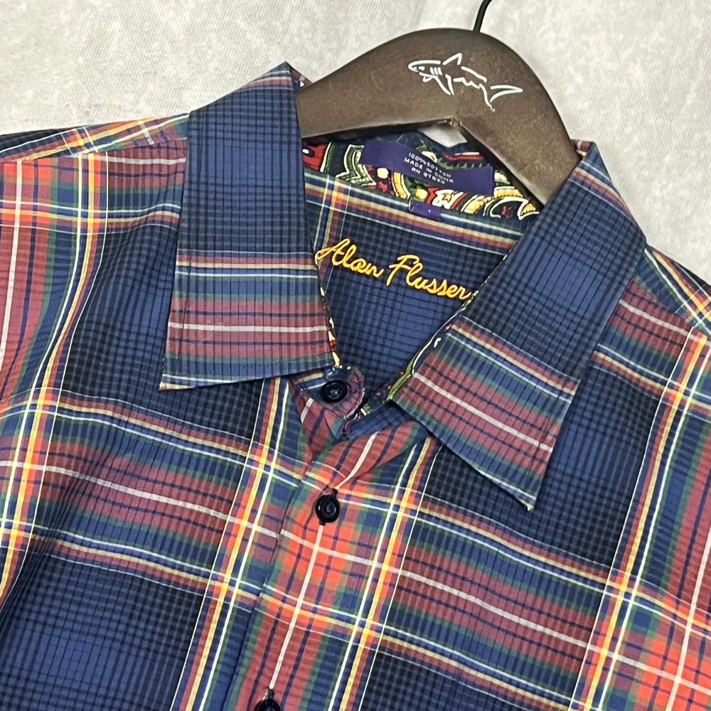 Alan Flusser Button Down Shirt Mens XXL Blue Plaid Excellent Paisley Trim Cotton